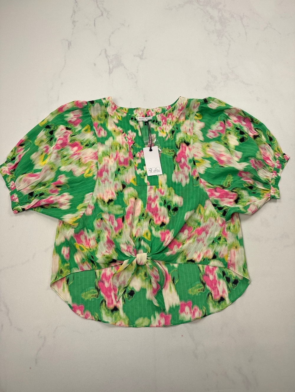 Rose + Olive Printed Blouse Green Contemporary Modern Romantic - Womens S